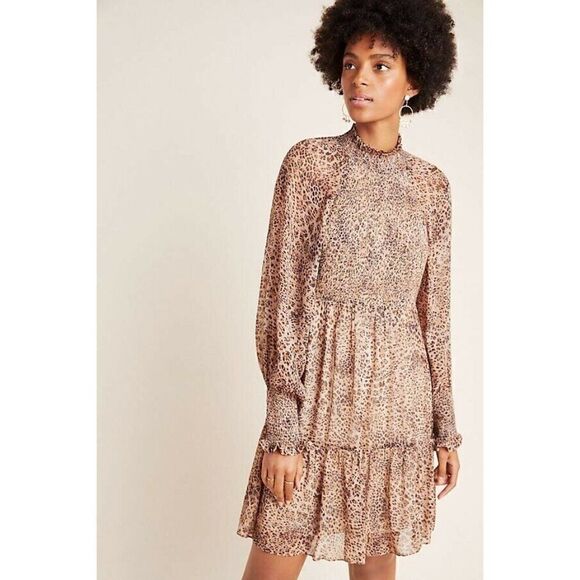 NWT ANTHROPOLOGIE ML MONIQUE LHUILLIER Sz 2 LEOPARD SMOCKED MINI DRESS - Picture 3 of 4